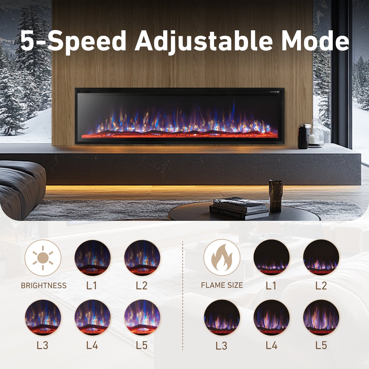 S&W 42" Electric Fireplace, Ultra-Slim Frame Recessed & Wall Mounted Fireplace Insert, Adjustable Flame Color & Speed, Remote Control