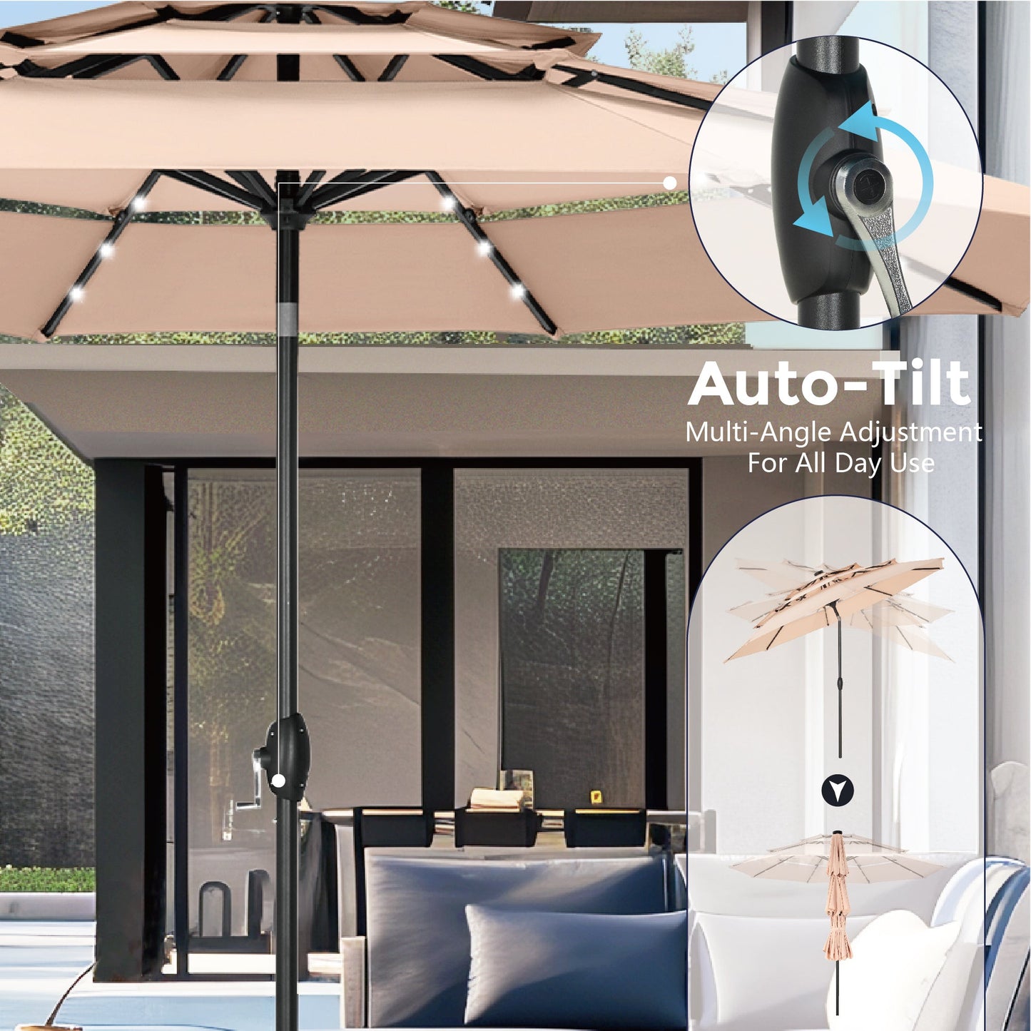 Alpha Joy 10ft 3-Tier Auto-Tilt Patio Umbrella, Steel Pole & Ribs ¨C Double Vented, Solar Lights, Beige