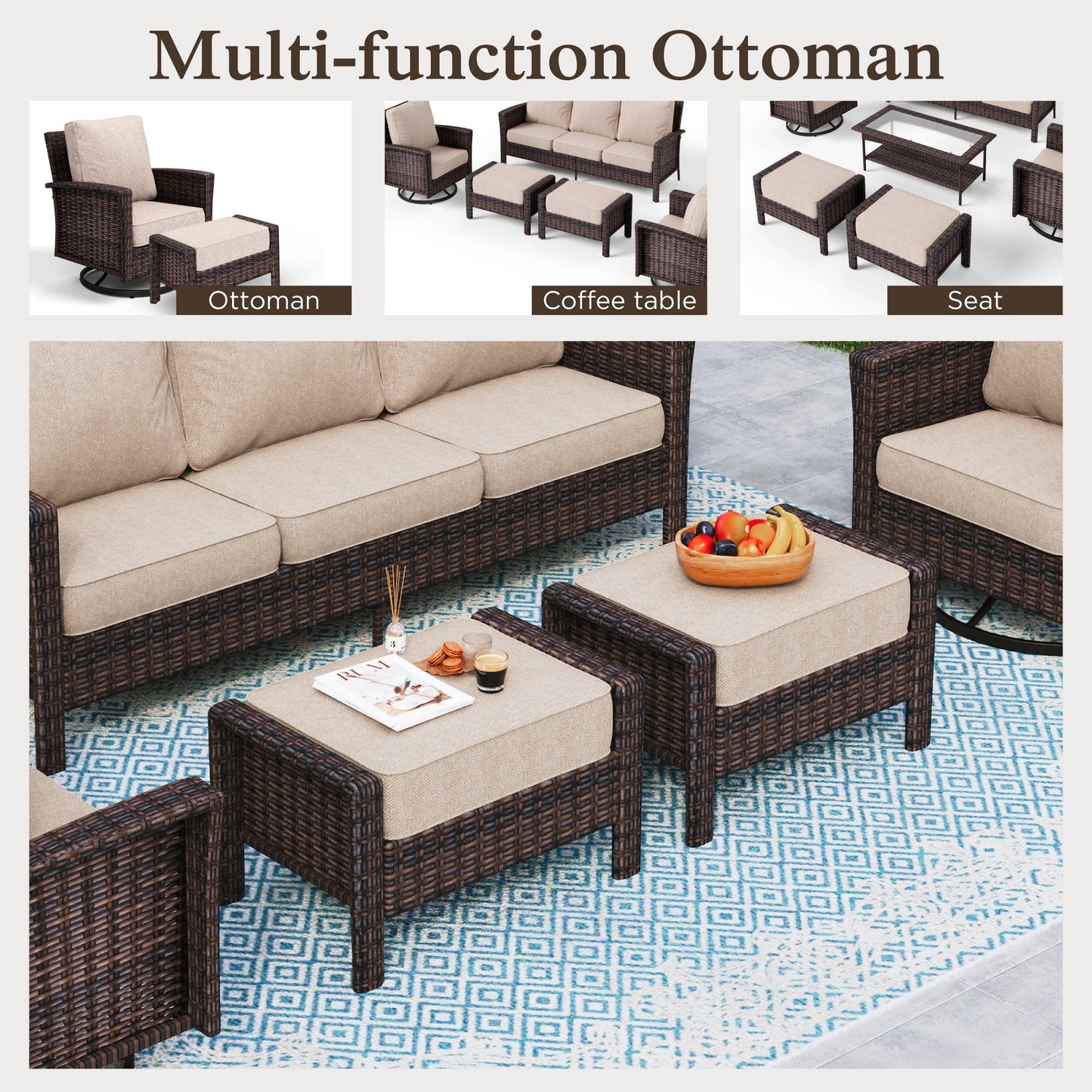 Sophia & William 5 Pieces Patio Furniture Set with Swivel Chairs 7-Seat Wicker Outdoor Conversation Set with Thickened Cushions