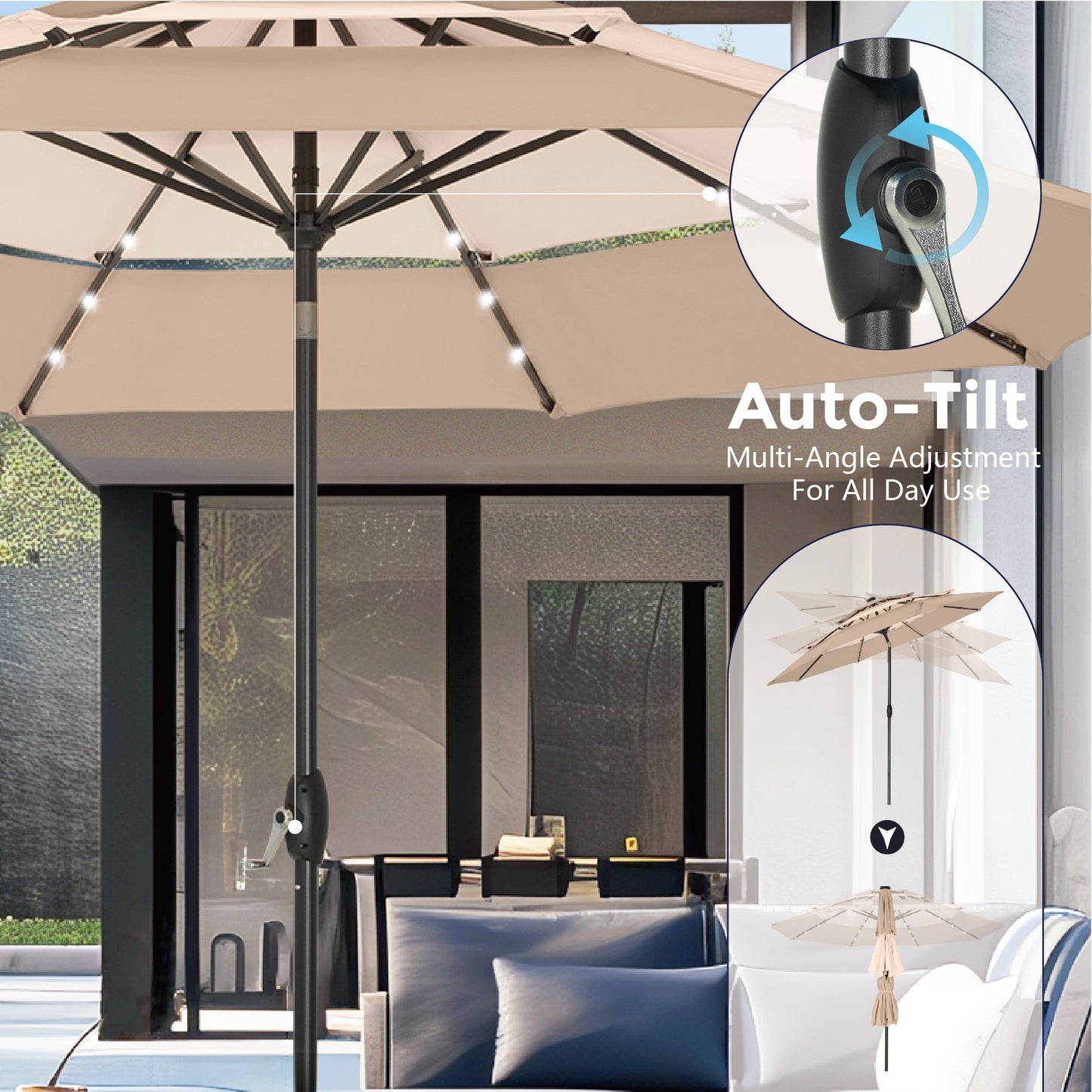 Alpha Joy 10ft 3-Tier Auto-Tilt Patio Umbrella, Steel Pole & Ribs ¨C Double Vented, Solar Lights, Beige & Tan