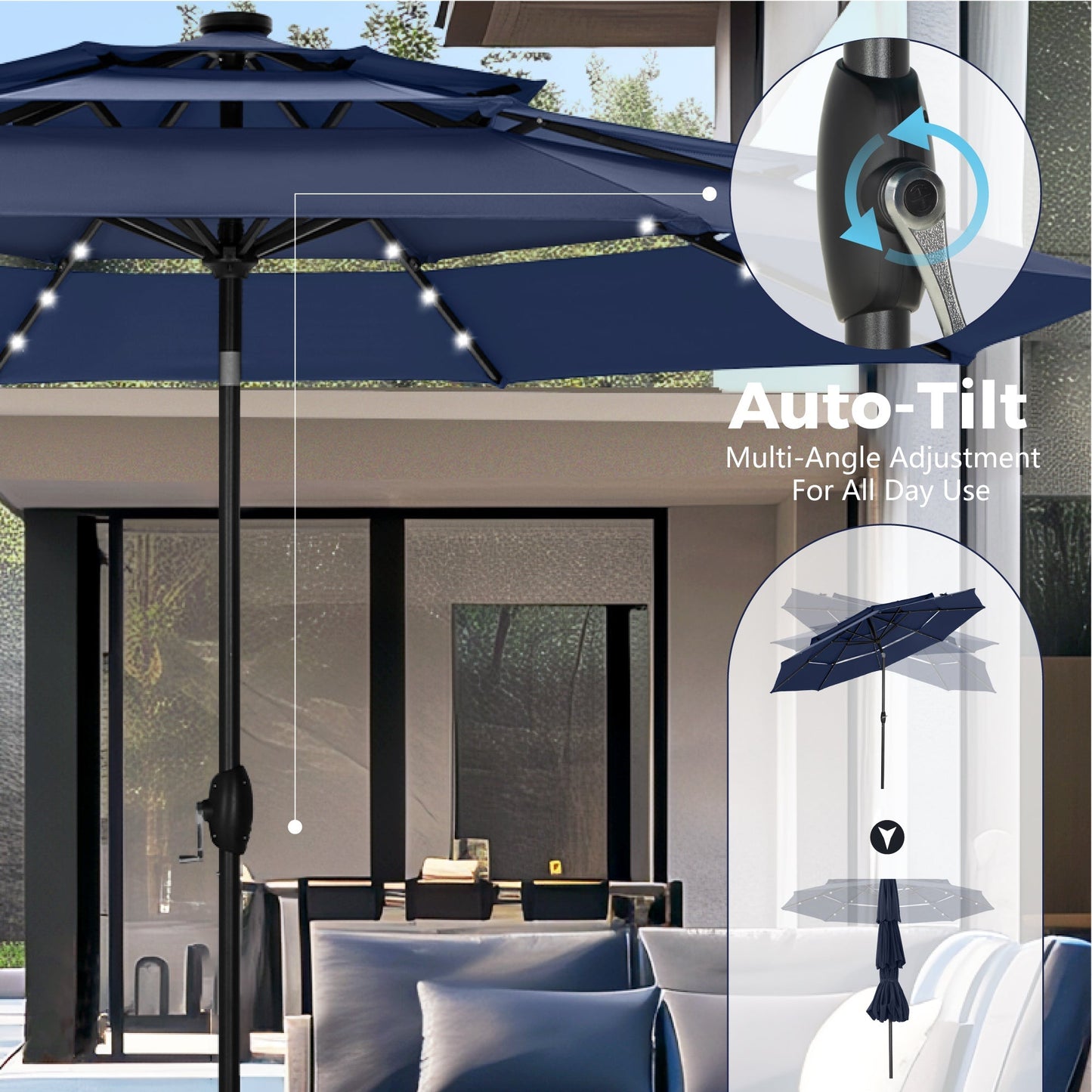 Alpha Joy 10ft 3 Tier Auto-tilt Outdoor Patio Umbrella Beach Garden Double Vented Table Umbrella with Solar Lights, Navy Blue