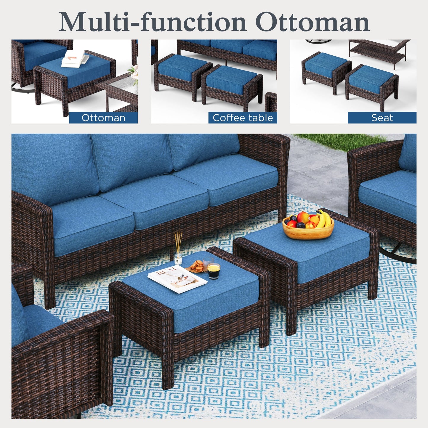 Sophia & William 5 Pieces Patio Furniture Set with Swivel Chairs 7-Seat Wicker Outdoor Conversation Set with Thickened Cushions