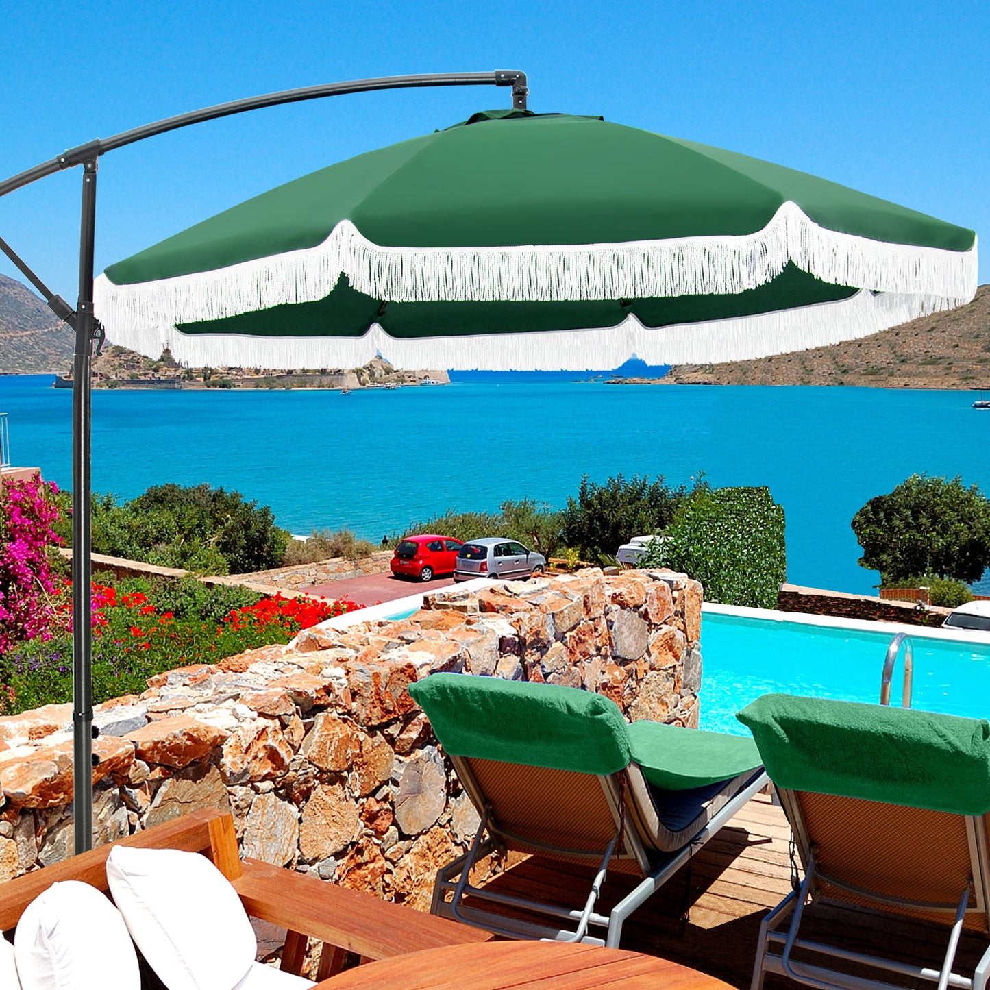 Sophia & William Patio Umbrella 9ft Outdoor Offset Umbrella Cantilever Umbrella with Fringe Tassel Easy Lift UV Protection Outdoor Umbrella Aluminum Ploe All Weather for Backyard Pool Garden Green
