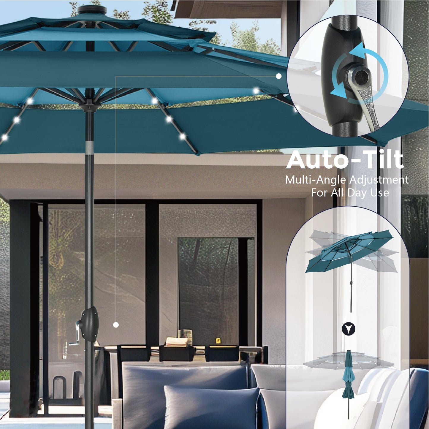 Alpha Joy 10ft 3-Tier Auto-Tilt Patio Umbrella, Steel Pole & Ribs ¨C Double Vented, Solar Lights, Peacock Blue & Cerulean