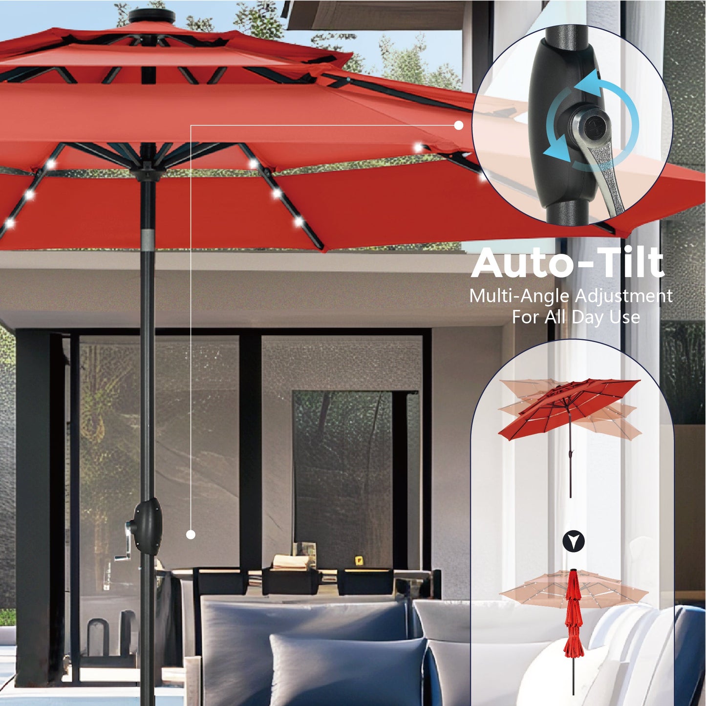 Alpha Joy 10ft 3-Tier Auto-Tilt Patio Umbrella, Steel Pole & Ribs ¨C Double Vented, Solar Lights, Orange Red