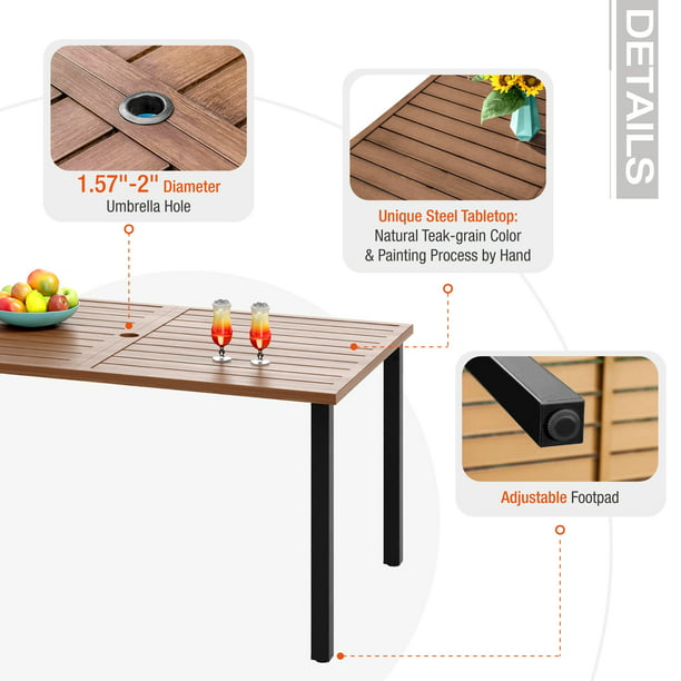 Sophia & William Metal Outdoor Patio Dining Table for 6, Teak-Grain