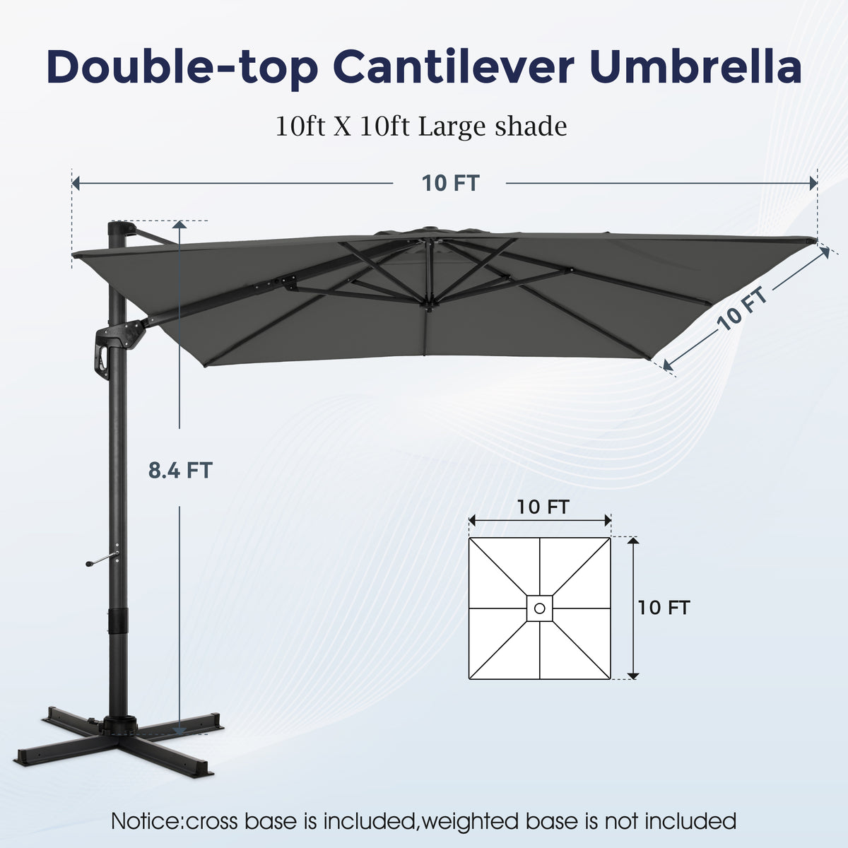 Alpha Joy 10x10ft Outdoor Patio Umbrella 360¡ãRotation Large Rectangle Offset Cantilever Double Umbrella with Crank Handle and 7 Tilt, Charcoal Gray