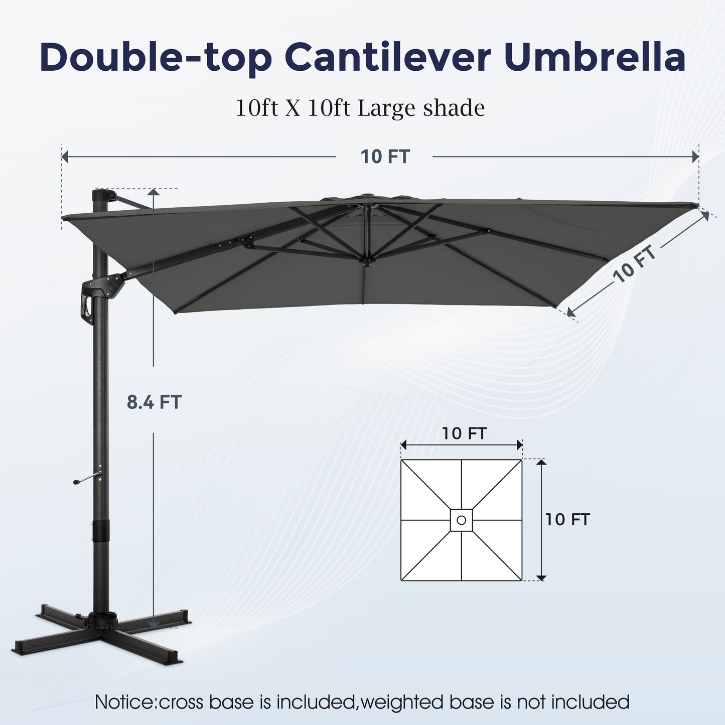 Alpha Joy 10x10ft Outdoor Patio Umbrella 360° Rotation Large Rectangle Offset Cantilever Double Umbrella with Crank Handle and 7 Tilt, Charcoal Gray