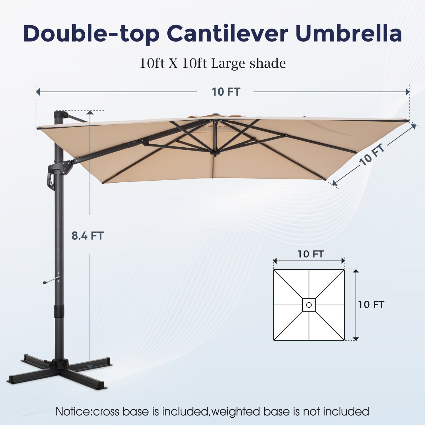 Alpha Joy 10x10ft Outdoor Patio Umbrella 360° Rotation Large Rectangle Offset Cantilever Double Umbrella with Crank Handle and 7 Tilt, Beige