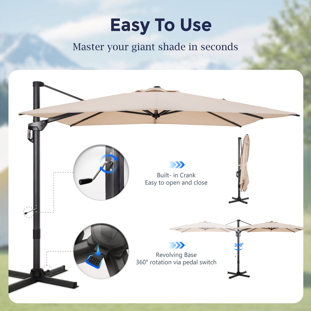 Alpha Joy 10x10ft Outdoor Patio Umbrella 360¡ãRotation Large Rectangle Offset Cantilever Double Umbrella with Crank Handle and 7 Tilt, Beige