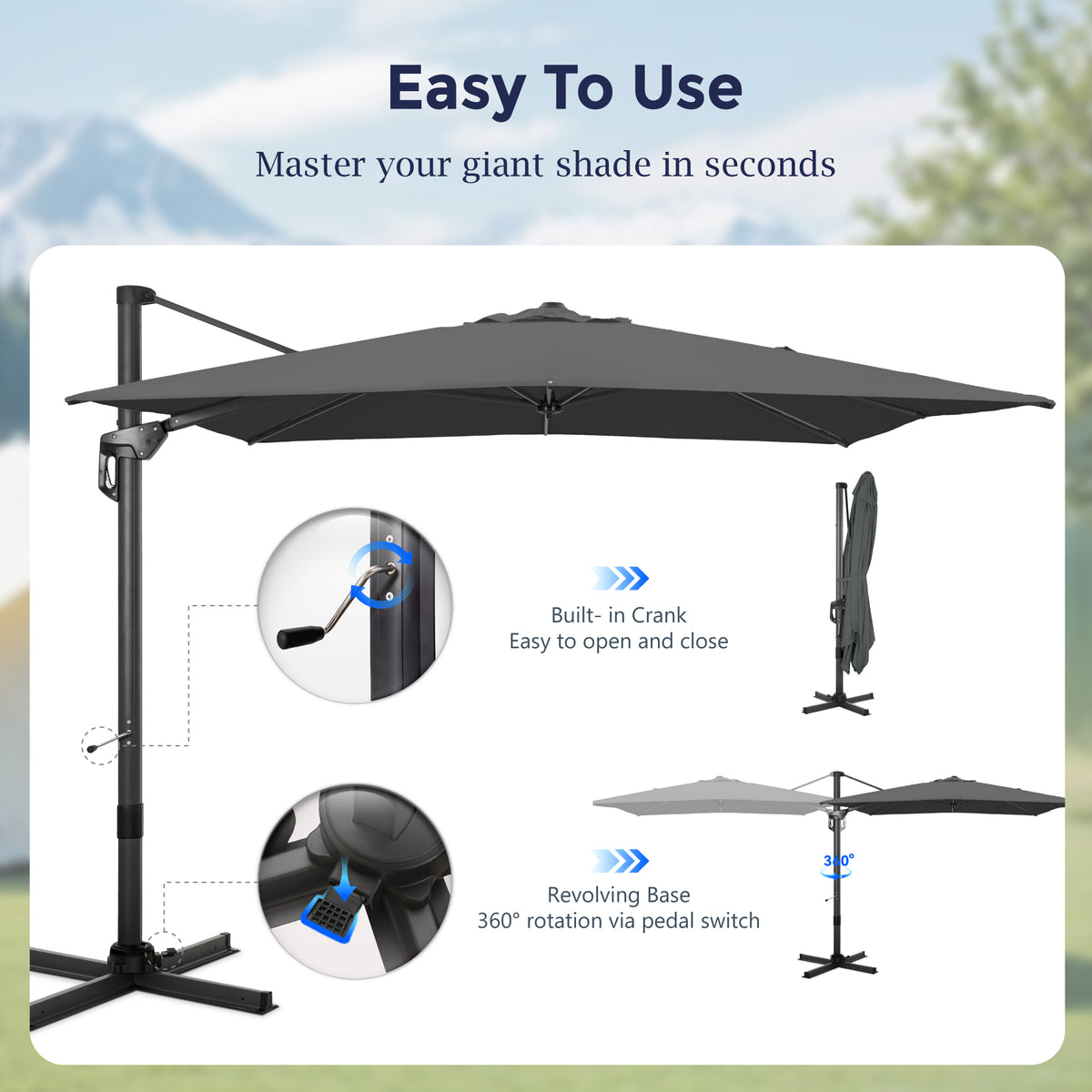 Alpha Joy 10x10ft Outdoor Patio Umbrella 360¡ãRotation Large Rectangle Offset Cantilever Double Umbrella with Crank Handle and 7 Tilt, Charcoal Gray