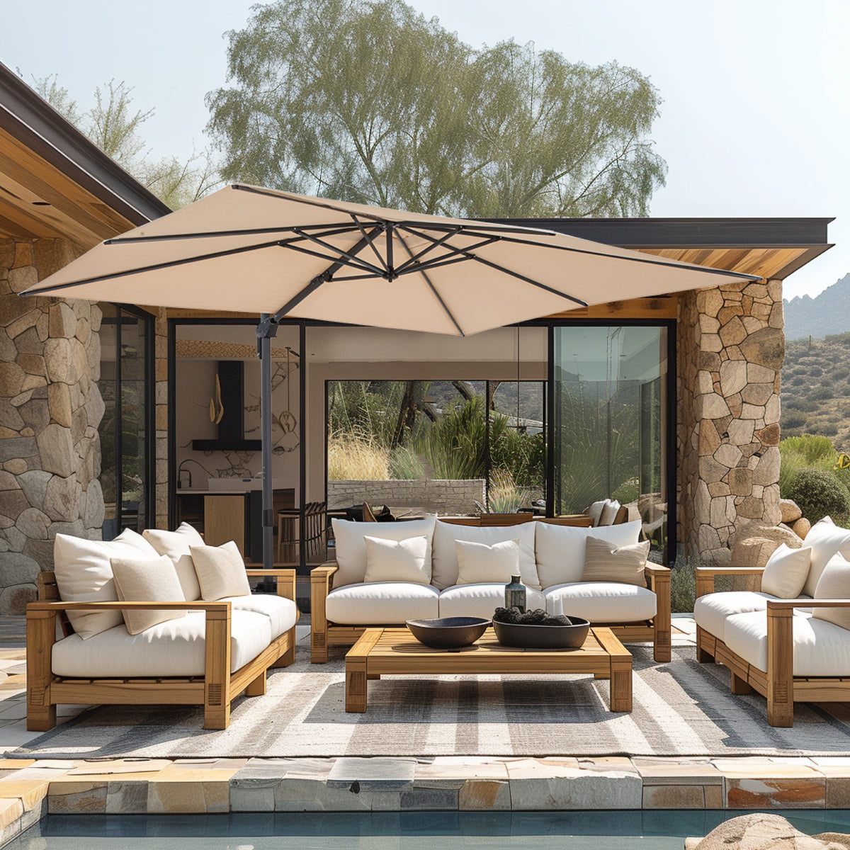 Alpha Joy 10x10ft Outdoor Patio Umbrella 360¡ãRotation Large Rectangle Offset Cantilever Double Umbrella with Crank Handle and 7 Tilt, Beige