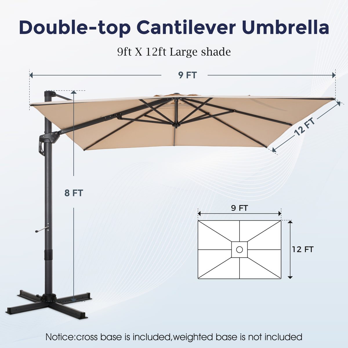 Alpha Joy 12x9ft Outdoor Patio Umbrella 360¡ãRotation Large Rectangle Offset Cantilever Double Umbrella with Crank Handle & 6 Tilt, Beige
