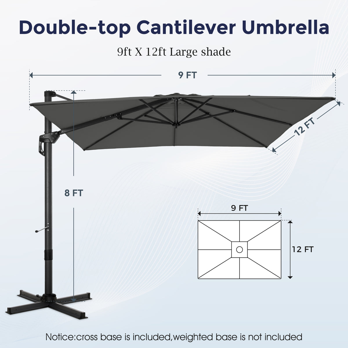 Alpha Joy 12x9ft Outdoor Patio Umbrella 360¡ãRotation Large Rectangle Offset Cantilever Double Umbrella with Crank Handle & 6 Tilt, Charcoal Gray