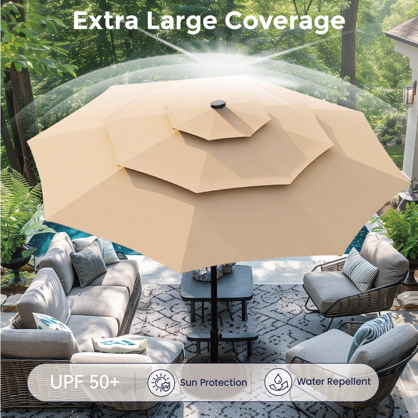 Alpha Joy 10ft 3-Tier Auto-Tilt Patio Umbrella, Steel Pole & Ribs ¨C Double Vented, Solar Lights, Beige