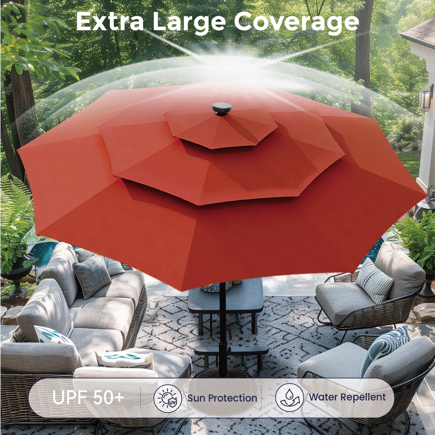 Alpha Joy 10ft 3-Tier Auto-Tilt Patio Umbrella, Steel Pole & Ribs ¨C Double Vented, Solar Lights, Orange Red