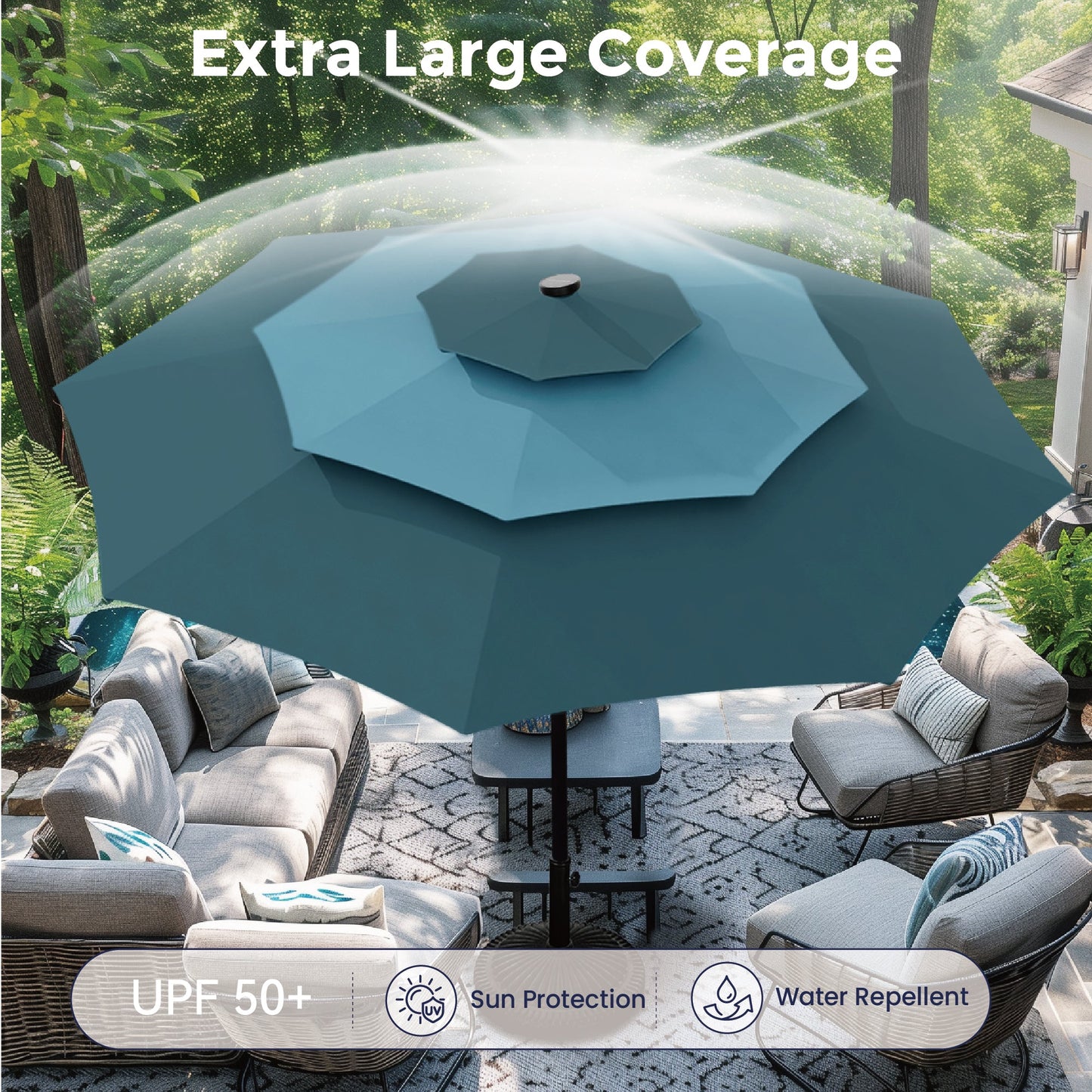 Alpha Joy 10ft 3-Tier Auto-Tilt Patio Umbrella, Steel Pole & Ribs ¨C Double Vented, Solar Lights, Peacock Blue & Cerulean