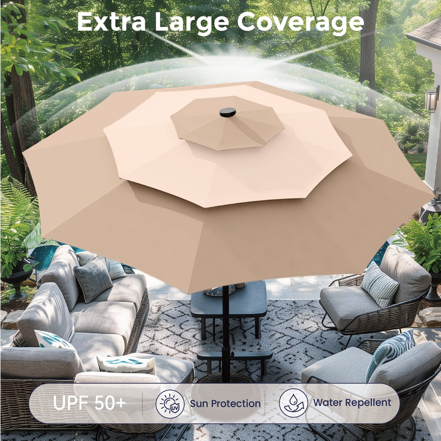 Alpha Joy 10ft 3-Tier Auto-Tilt Patio Umbrella, Steel Pole & Ribs ¨C Double Vented, Solar Lights, Beige & Tan