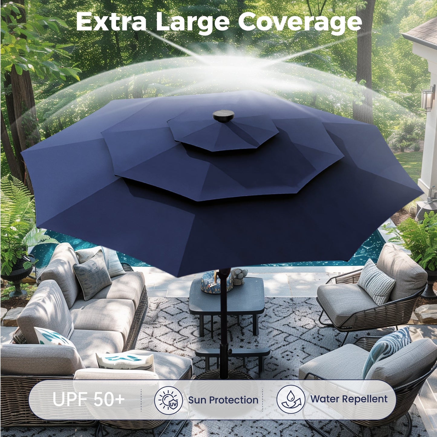 Alpha Joy 10ft 3 Tier Auto-tilt Outdoor Patio Umbrella Beach Garden Double Vented Table Umbrella with Solar Lights, Navy Blue