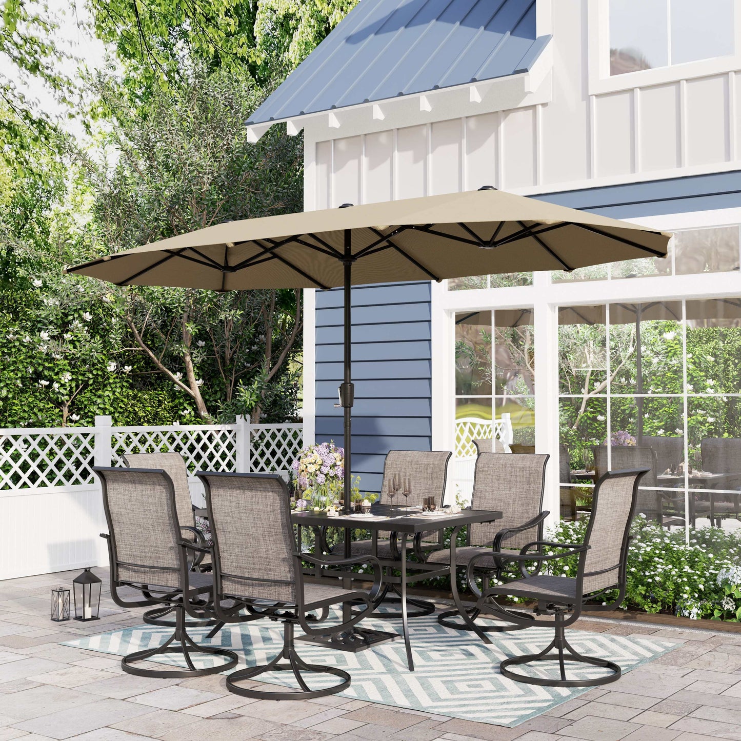Sophia & William 8-Piece Outdoor Patio Set with 13 ft Beige Umbrella, Textilene Chairs & Rectangle Table for 6