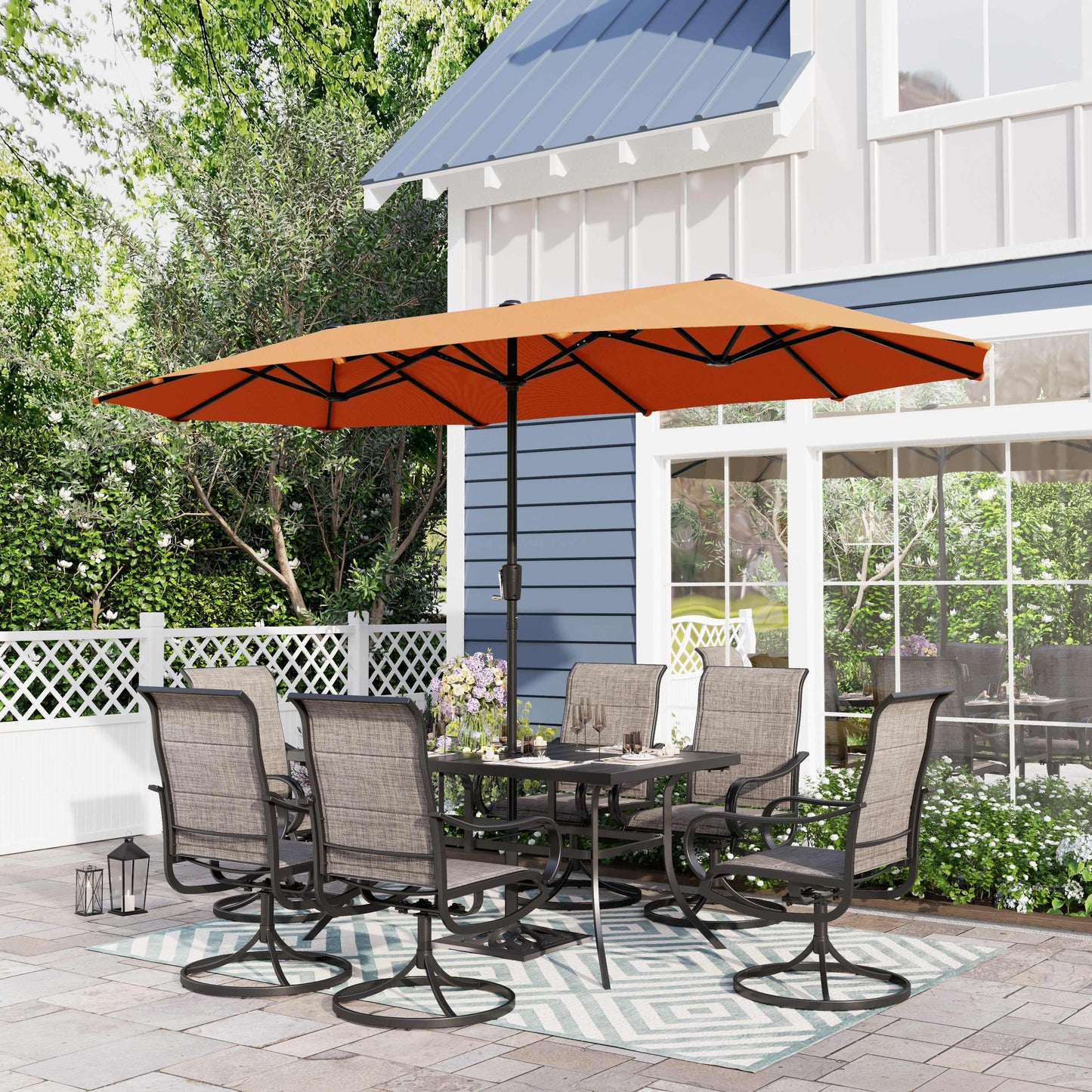 Sophia & William 8-Piece Outdoor Patio Dining Set with 13 ft Orange Red Umbrella, Rectangle Table & Textilene Chairs for 6