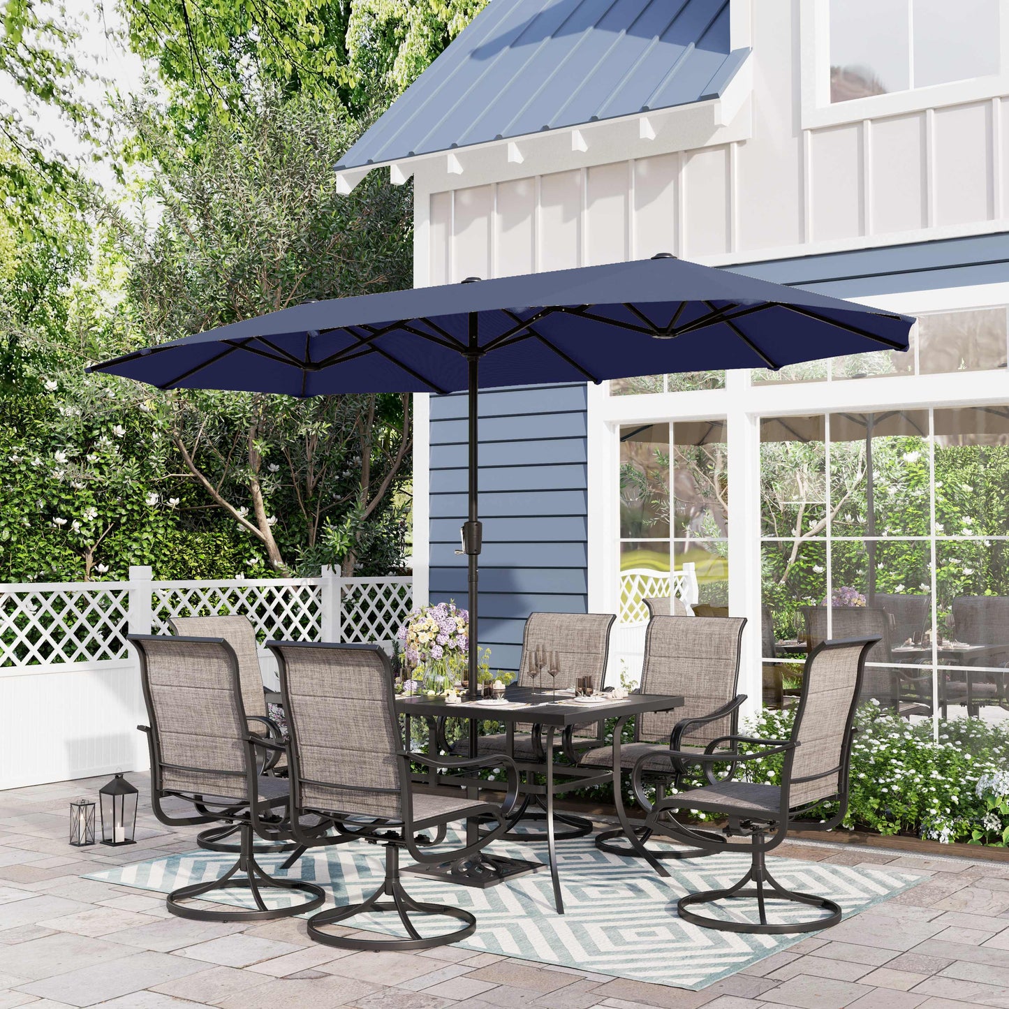 Sophia & William 8-Piece Outdoor Patio Dining Set with 13 ft Navy Umbrella, Rectangle Table & Textilene Chairs for 6