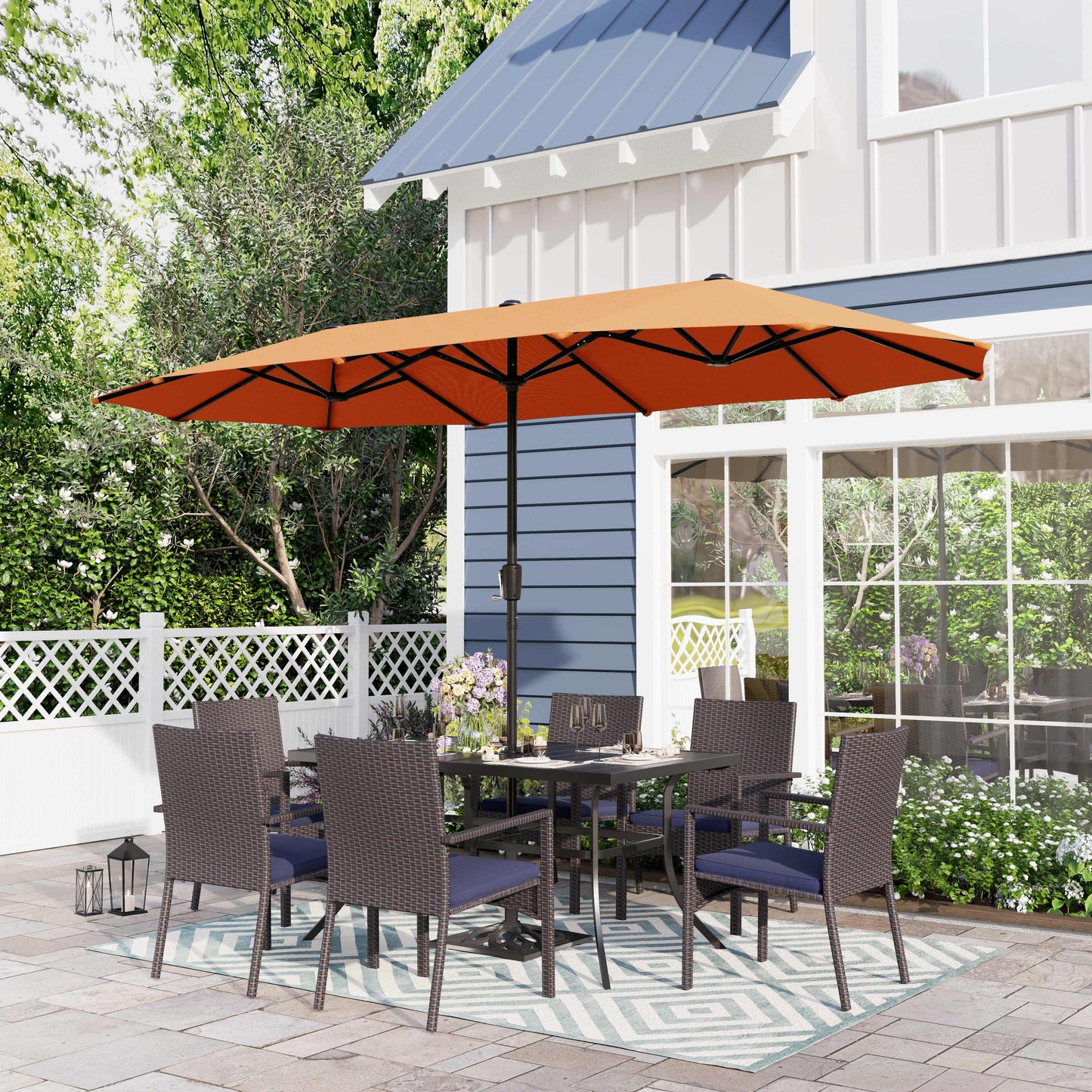 Sophia & William 8-Piece Outdoor Patio Set with 13 ft Orange Red Umbrella, Rattan Chairs & Rectangle Table for 6