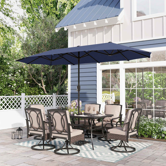 Sophia & William 8-Piece Outdoor Patio Dining Set with 13 ft Navy Umbrella, Rattan Chairs & Rectangle Table for 6-person