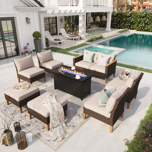 Sophia & William 9 Piece Outdoor Wicker Patio Conversation Sofa Set with Fire Pit Table