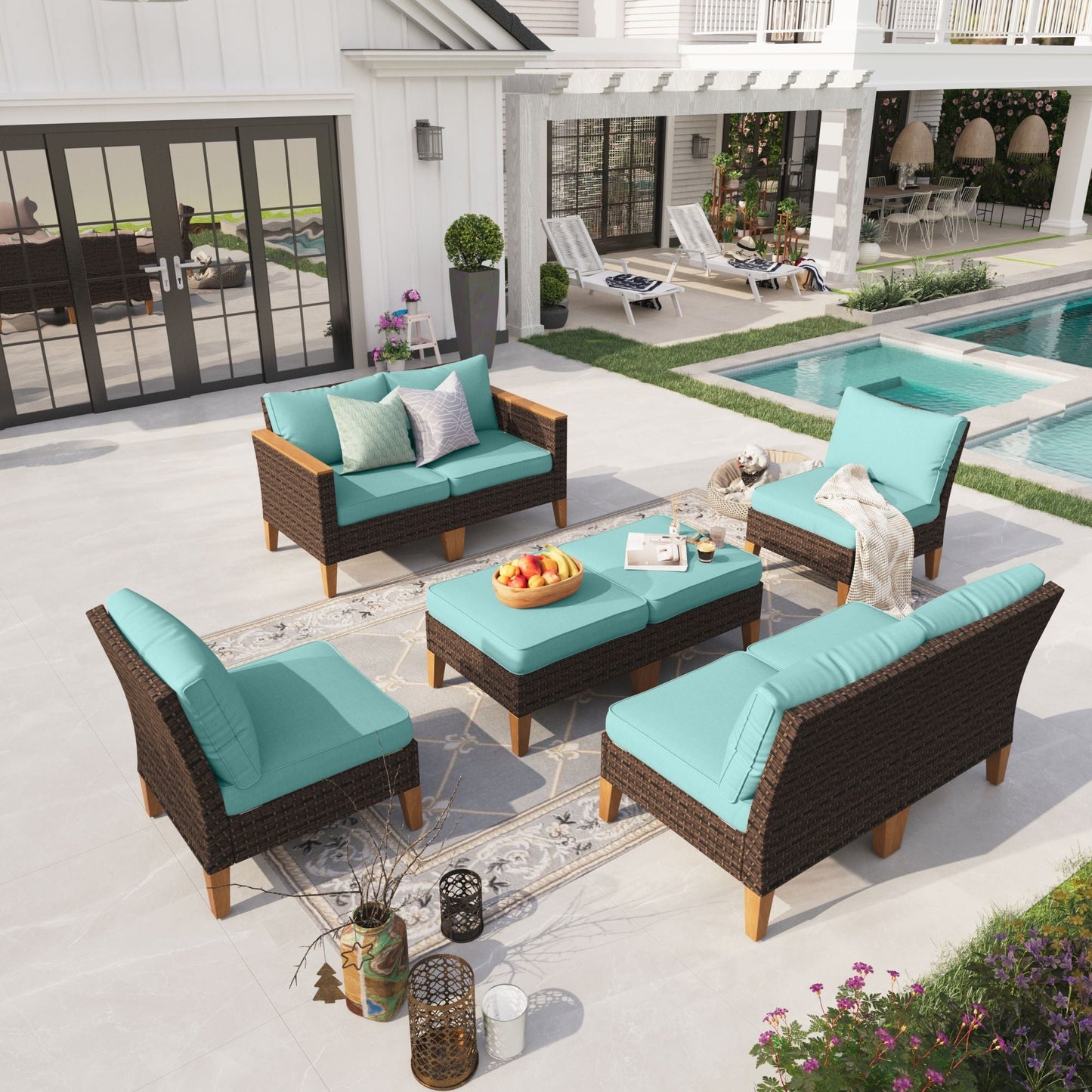 Sophia & William 8 Piece Outdoor Wicker Patio Conversation Sofa Set Outdoor Sectionals, Turquoise