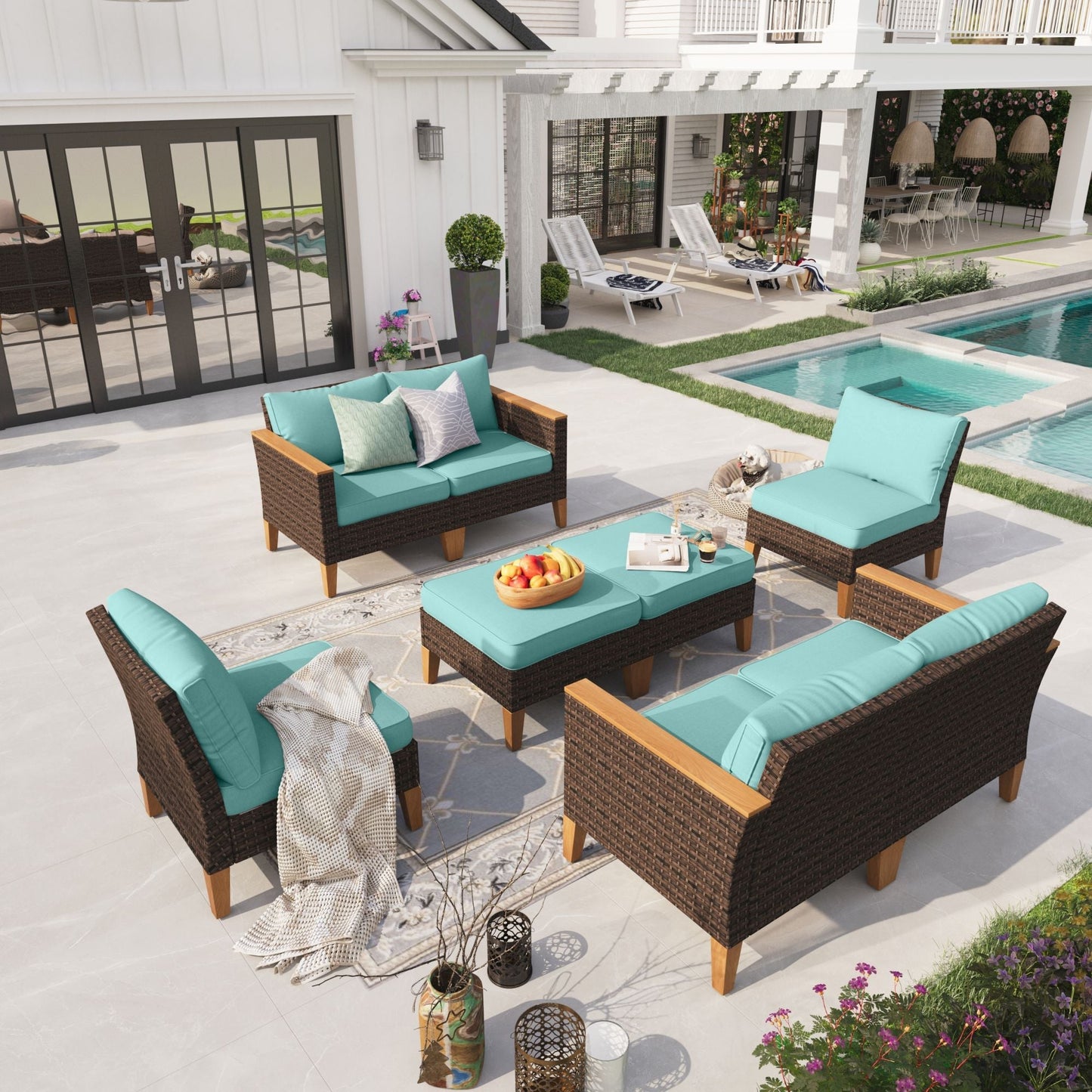 Sophia & William 8 Piece Outdoor Wicker Patio Conversation Sofa Set Outdoor Sectionals, Turquoise
