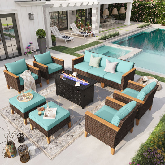 Sophia & William 10 Piece Outdoor Wicker Patio Conversation Sofa Set with Fire Pit Table, Turquoise