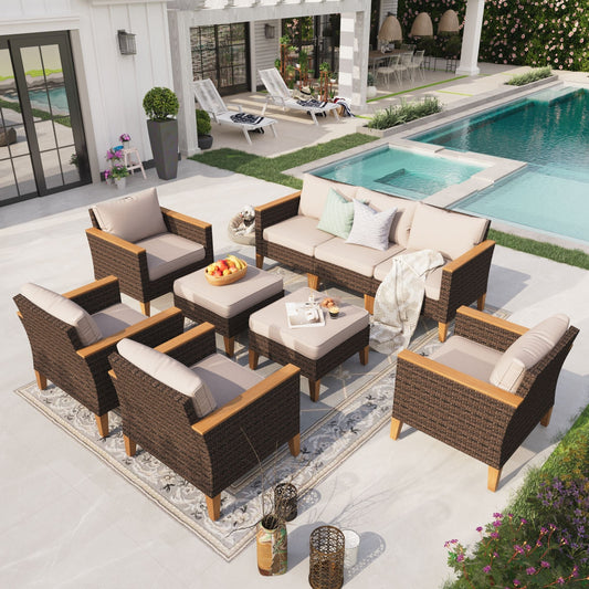 Sophia & William 9 Piece Outdoor Wicker Patio Conversation Sofa Set Outdoor Sectionals