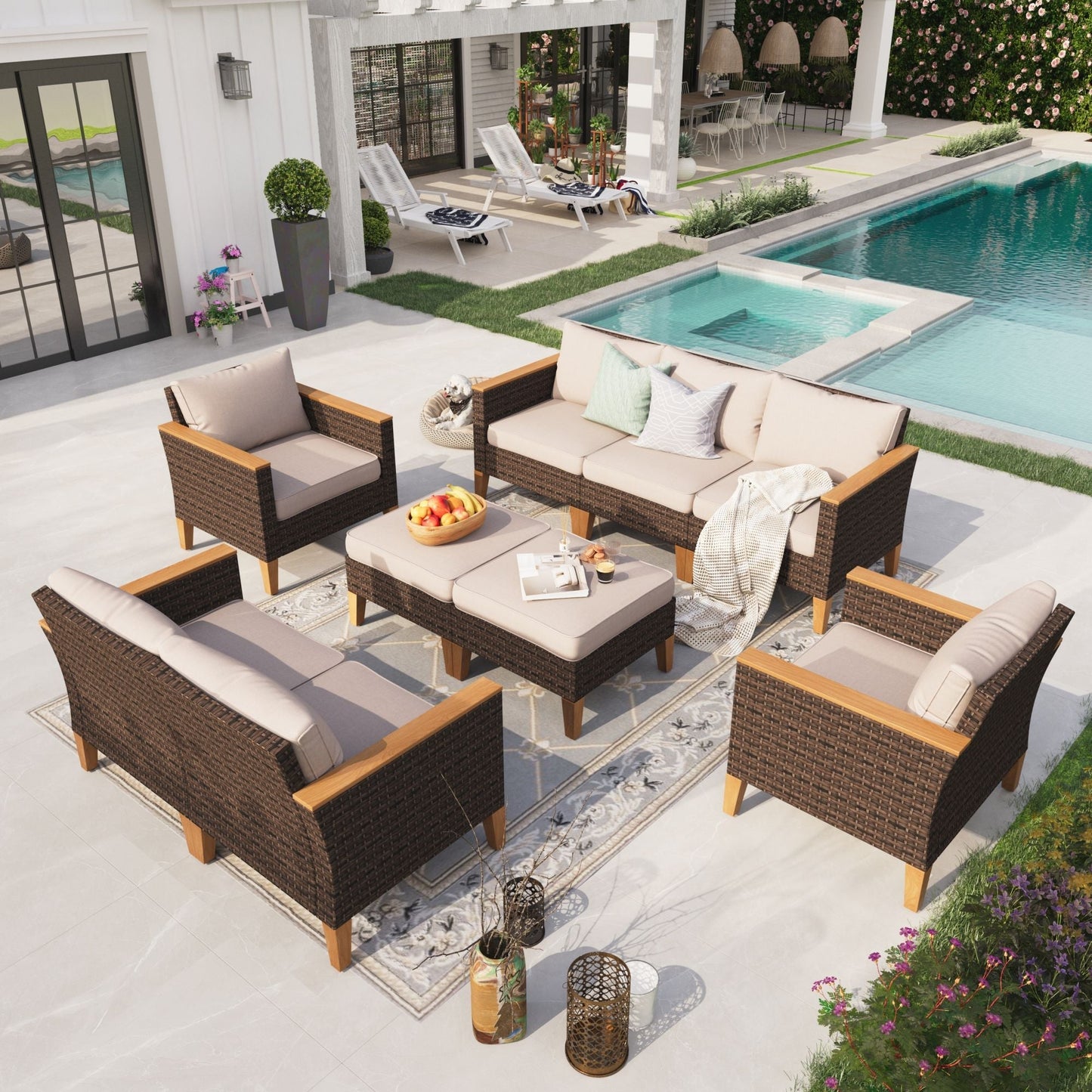 Sophia & William 9 Piece Outdoor Wicker Patio Conversation Sofa Set Outdoor Sectionals