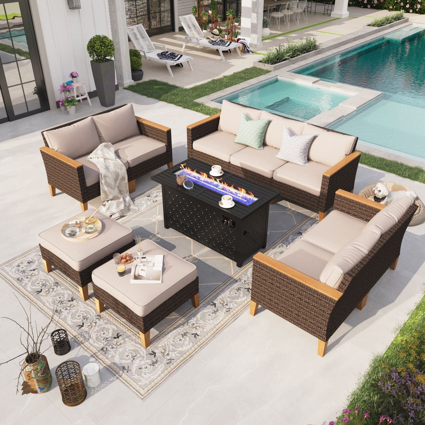 Sophia & William 10 Piece Outdoor Wicker Patio Conversation Sofa Set with Fire Pit Table