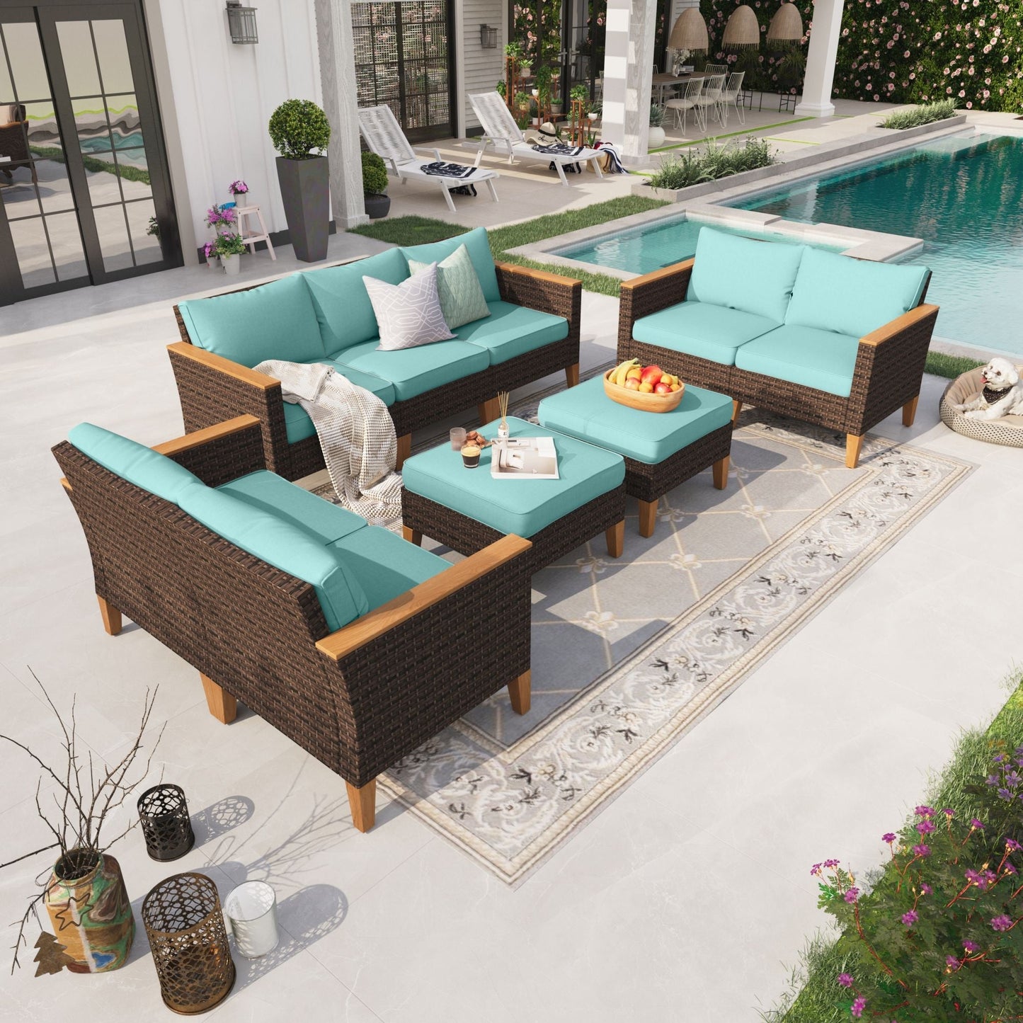 Sophia & William 9 Piece Outdoor Wicker Patio Conversation Sofa Set Outdoor Sectionals, Turquoise