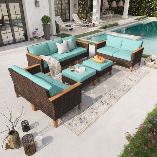 Sophia & William 9 Piece Outdoor Wicker Patio Conversation Sofa Set Outdoor Sectionals, Turquoise