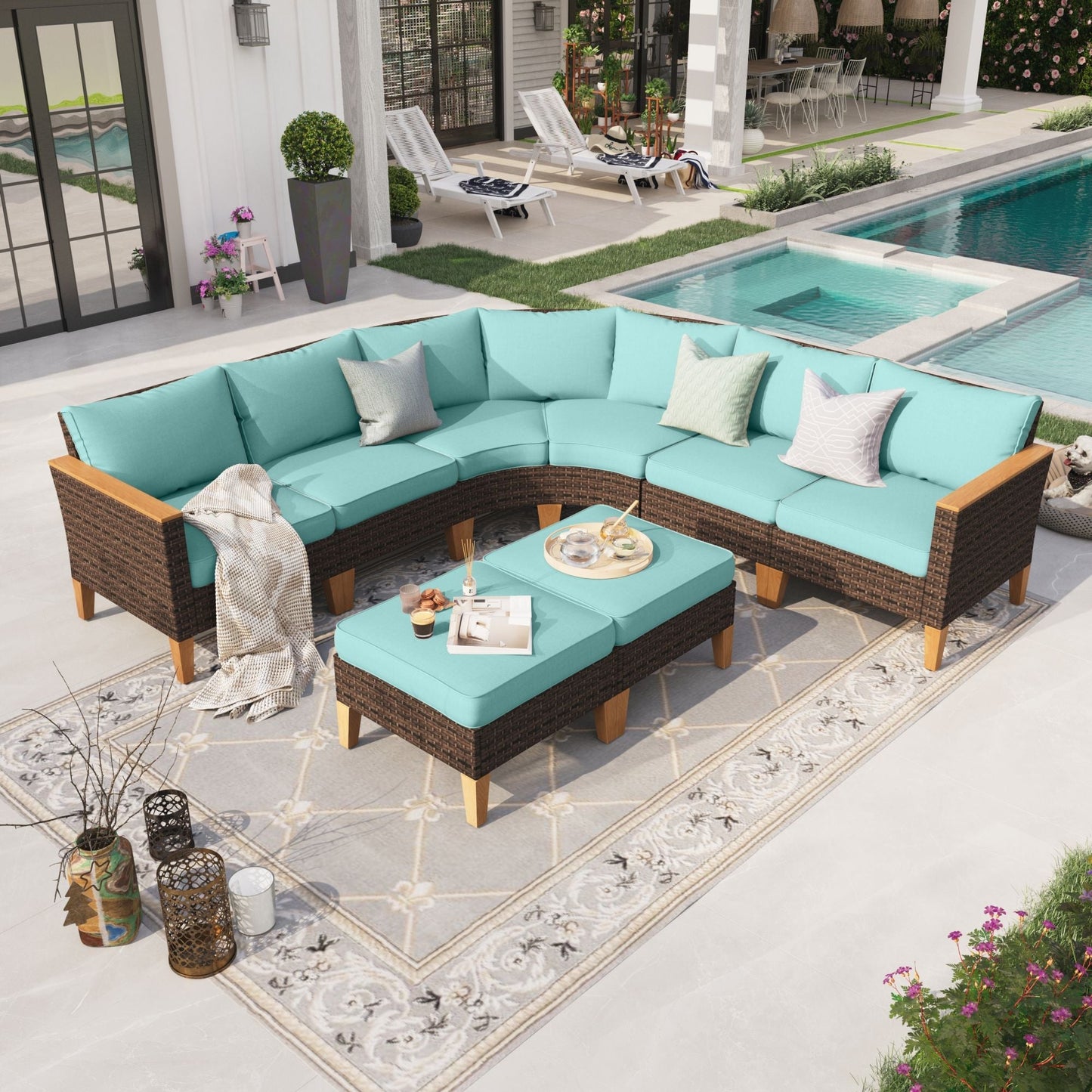 Sophia & William 8 Piece Outdoor Wicker Patio Conversation Sofa Set Outdoor Sectionals, Turquoise