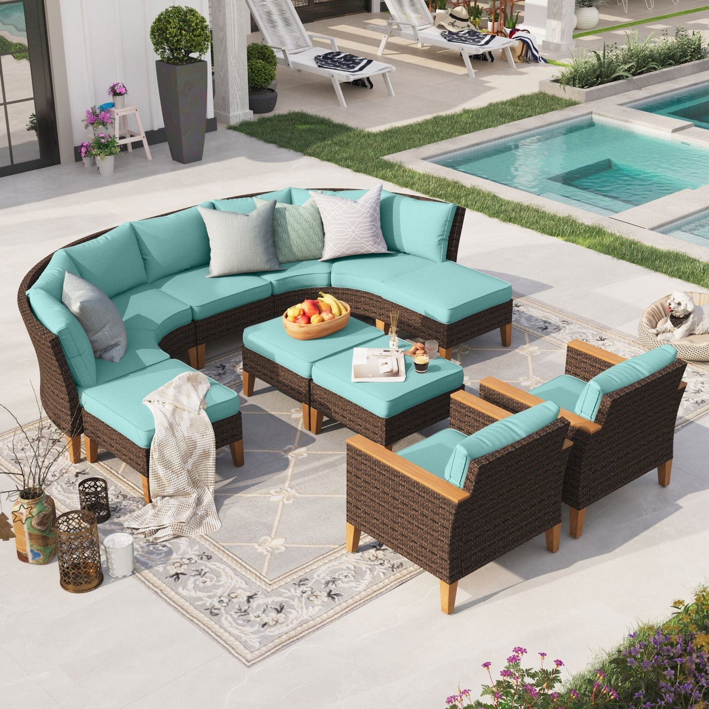 Sophia & William 10 Piece Outdoor Wicker Patio Conversation Sofa Set Outdoor Sectionals, Turquoise