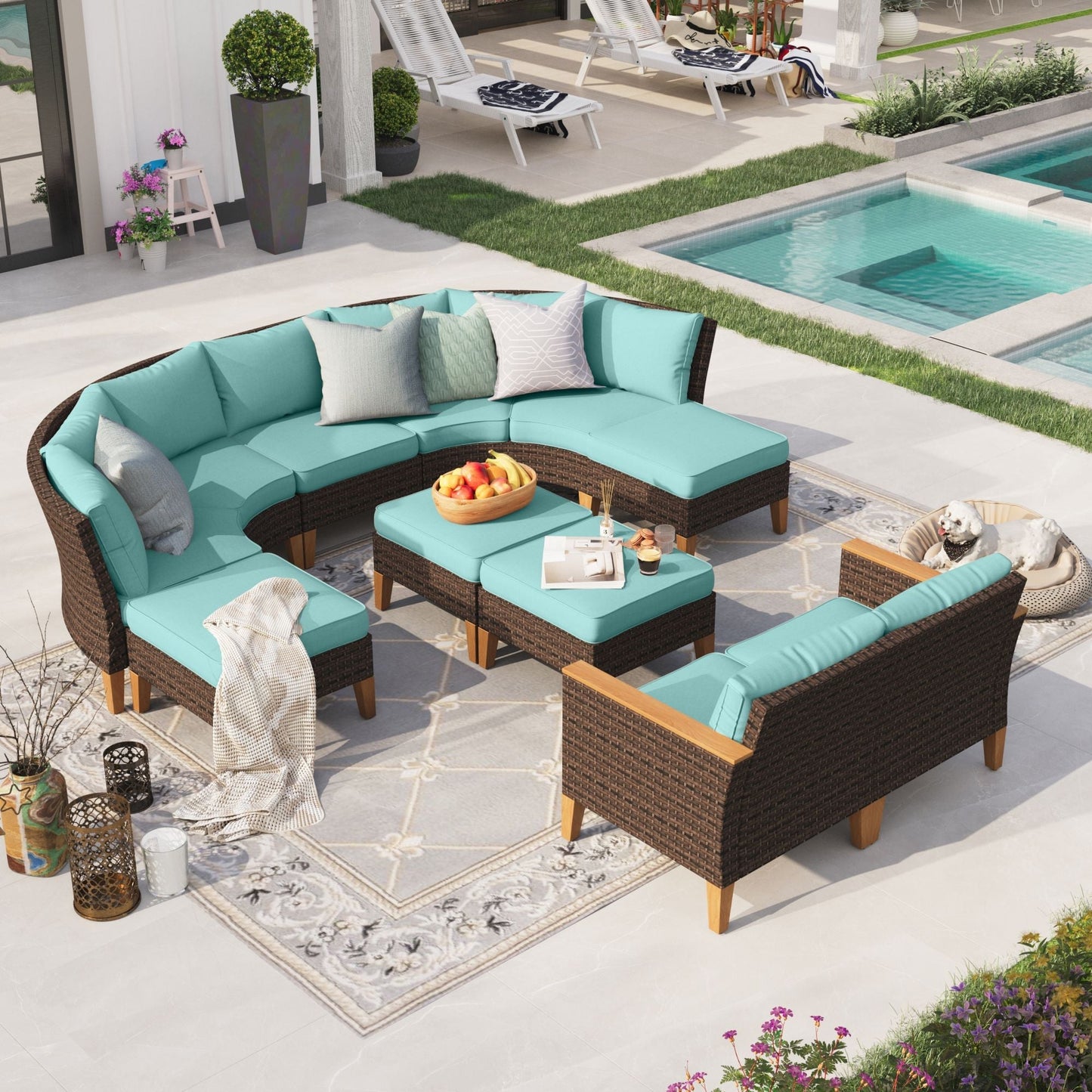 Sophia & William 11 Piece Outdoor Wicker Patio Conversation Sofa Set Outdoor Sectionals, Turquoise