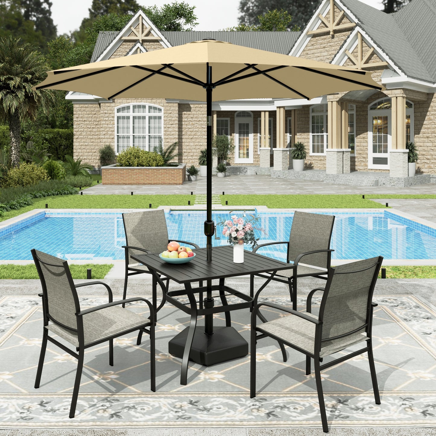 Sophia & William 6-Piece Outdoor Patio Dining Set with 9ft Beige Umbrella, Metal Steel Square Table & 4 Textilene Chairs Patio Set,Brown