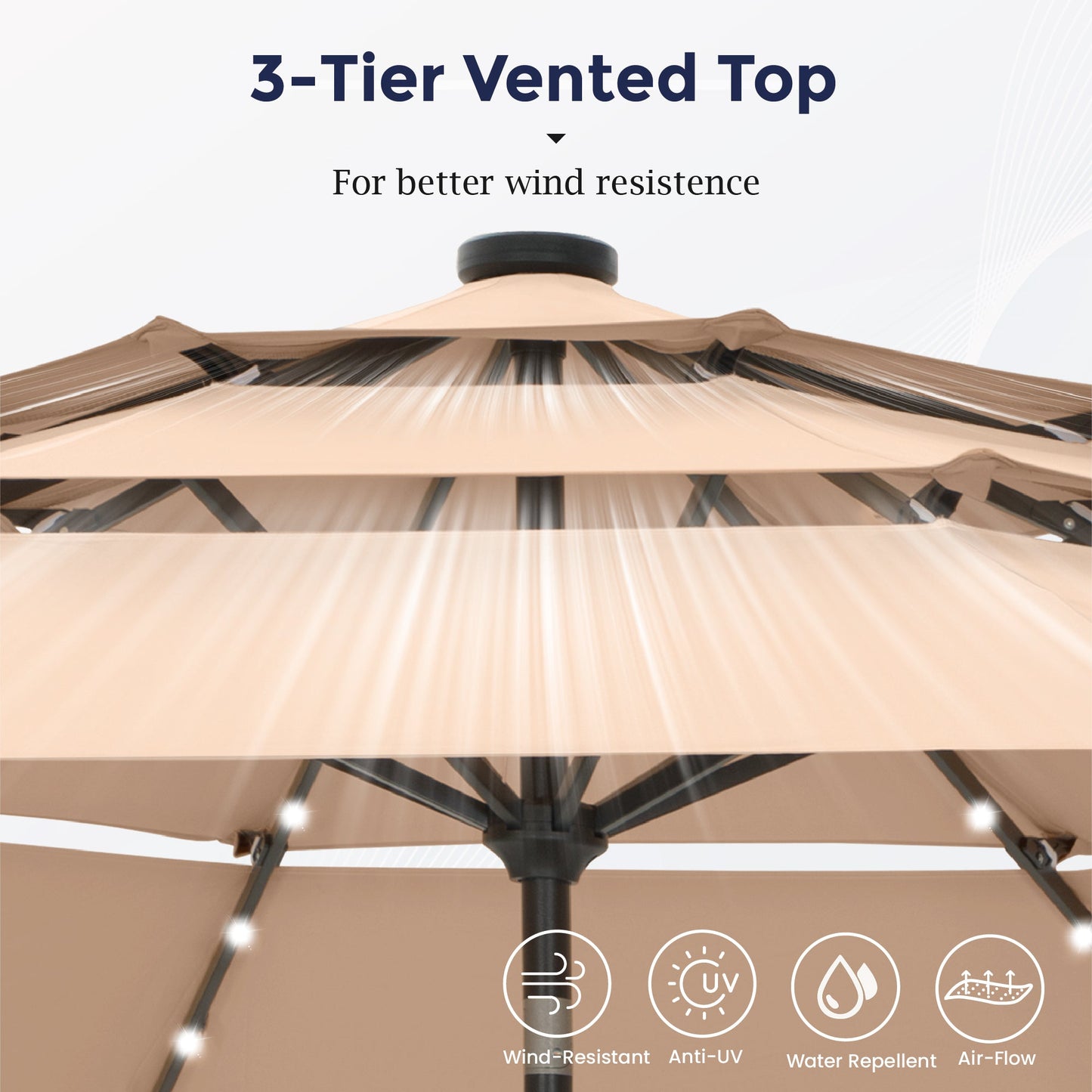 Alpha Joy 10ft 3-Tier Auto-Tilt Patio Umbrella, Steel Pole & Ribs ¨C Double Vented, Solar Lights, Beige