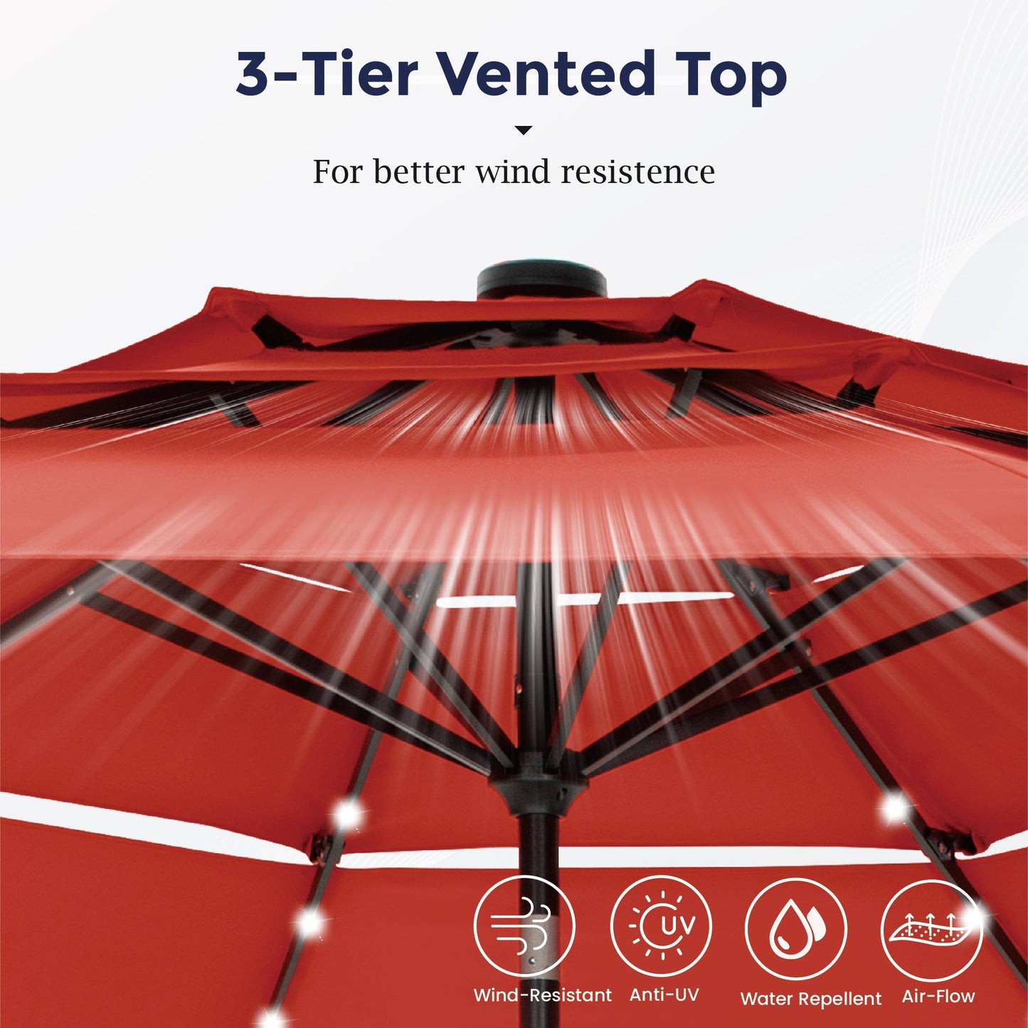 Alpha Joy 10ft 3-Tier Auto-Tilt Patio Umbrella, Steel Pole & Ribs ¨C Double Vented, Solar Lights, Orange Red