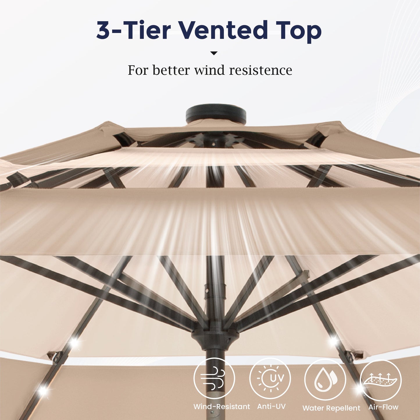 Alpha Joy 10ft 3-Tier Auto-Tilt Patio Umbrella, Steel Pole & Ribs ¨C Double Vented, Solar Lights, Beige & Tan