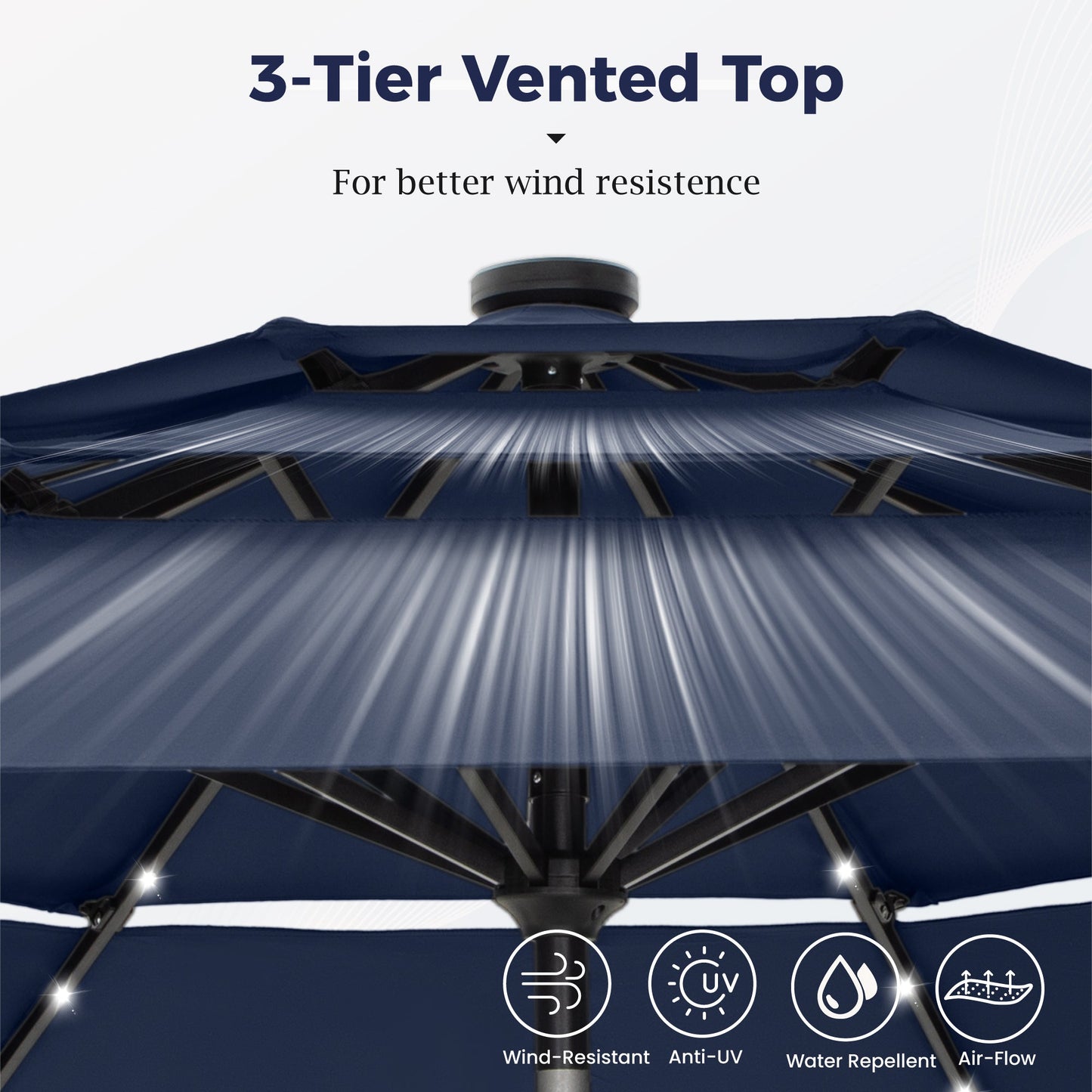 Alpha Joy 10ft 3-Tier Auto-Tilt Patio Umbrella, Steel Pole & Ribs ¨C Double Vented, Solar Lights, Navy Blue