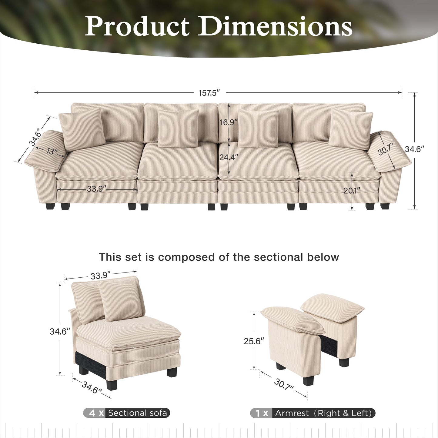 Sophia&William Convertible Sectional Sofa Couch, Modern Chenille Couch 4-Seat 24.4"W Deep Sofa Modular with 4 Pillows for Living Room,Beige