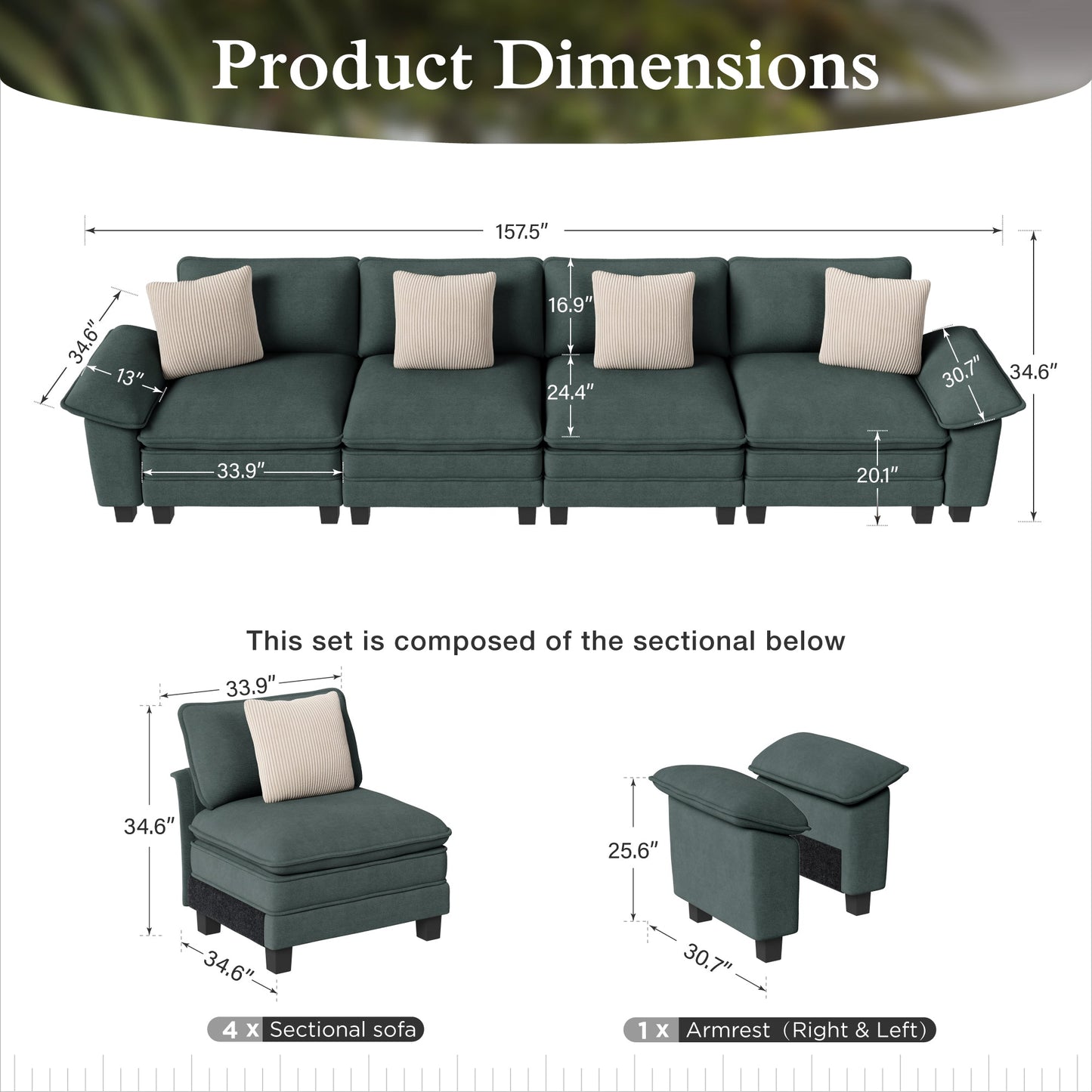 Sophia&William Convertible Sectional Sofa Couch, Modern Chenille Couch 4-Seat 24.4"W Deep Sofa Modular with 4 Pillows for Living Room,Green