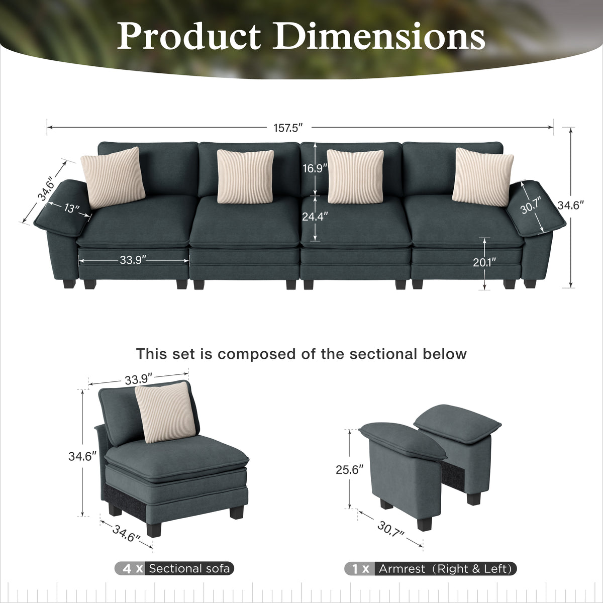 Sophia&William Modular Sectional Sofa Sets, Large Chenille Cloud Couch Sofa Set 4-Seat 24.4inchW Deep Seat Sofa with 4 Throw Pillows for Living Room,Blue