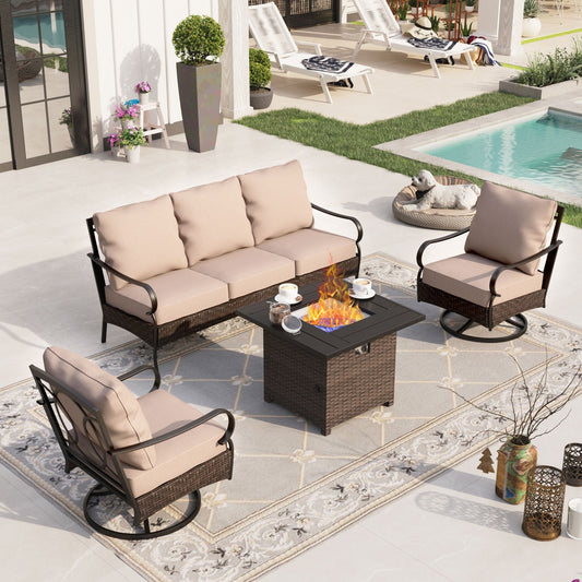 Sophia & William 4 Piece Outdoor Conversation Set 5-Seat Steel Furniture Set with 32" Fire Pit Table and Swivel Sofa Chairs