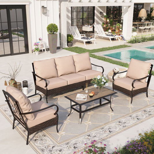 Sophia & William 4 Piece Metal Patio Furniture Set 5-Seat Outdoor Wicker Rattan Conversation Set with Armchairs and Coffee Table